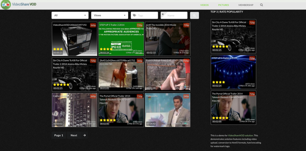 A dedicated section powered by Video Share VOD lists videos, aggregates videos from all site creators.
