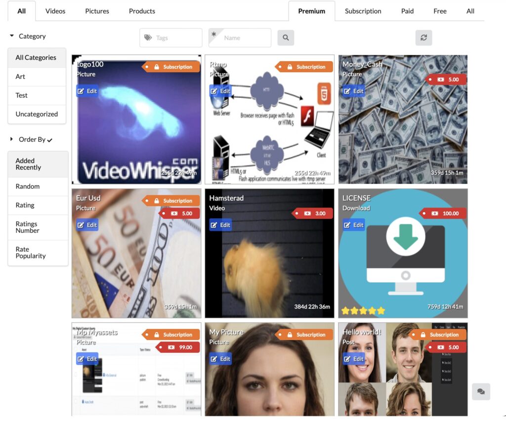 Solution can handle access to multiple types of content by subscription/price: webcam rooms, videos, pictures, document downloads. Different content types also have their specific listing options.
