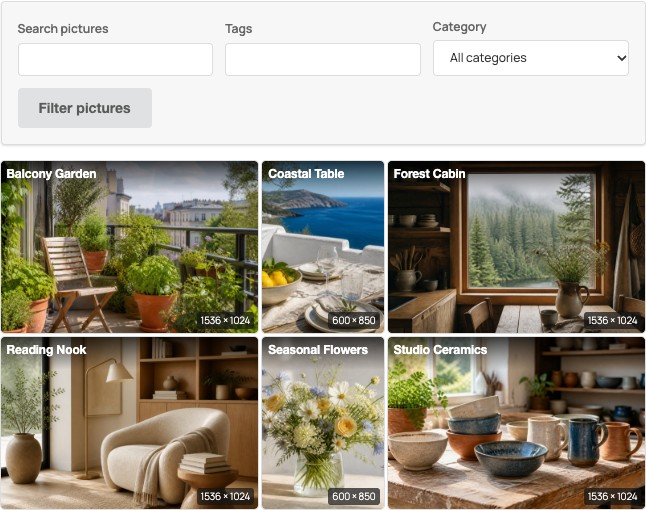 Picture Gallery Justified rows with mixed portrait and landscape pictures, compact filters and PhotoSwipe browsing.