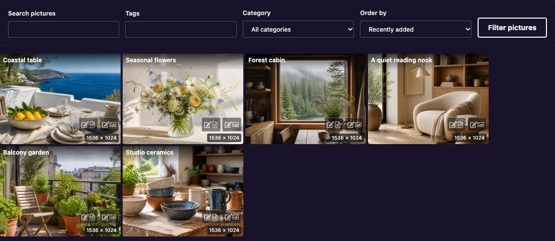 Responsive grid in FansPaysite dark mode, with picture filters and compact owner controls.